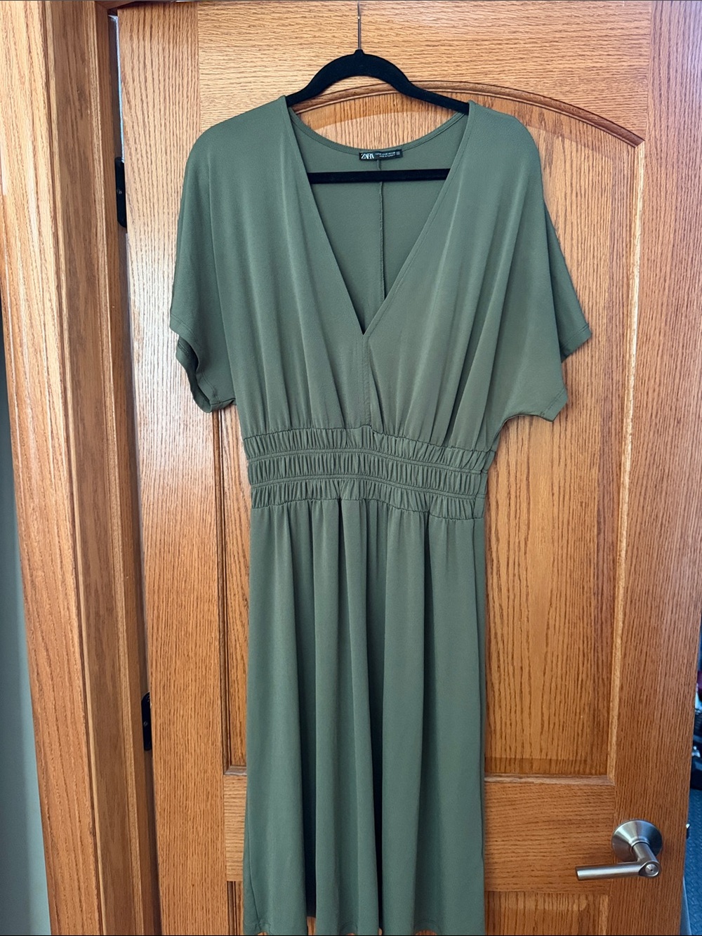 Zara Olive Green V-Neck Smocked-Waist Midi Dress